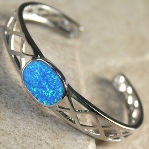 Blue Fire Opal Silver Bracelet Cuff Open End